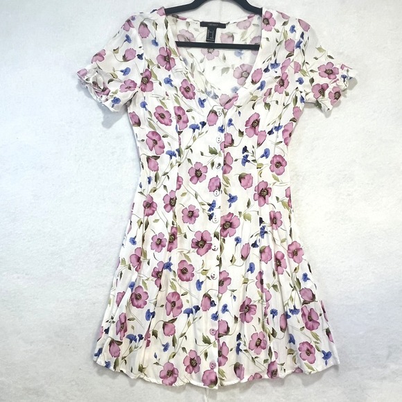 Forever 21 Dresses & Skirts - Forever 21 Flowy Floral Ruffle Sleeve Button Front Dress Small Pink Blue Ivory